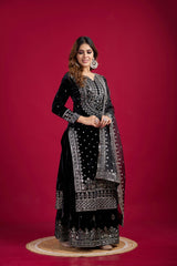 Fantastic Velvet Sequence Work Black Color Top With Plazzo Suit