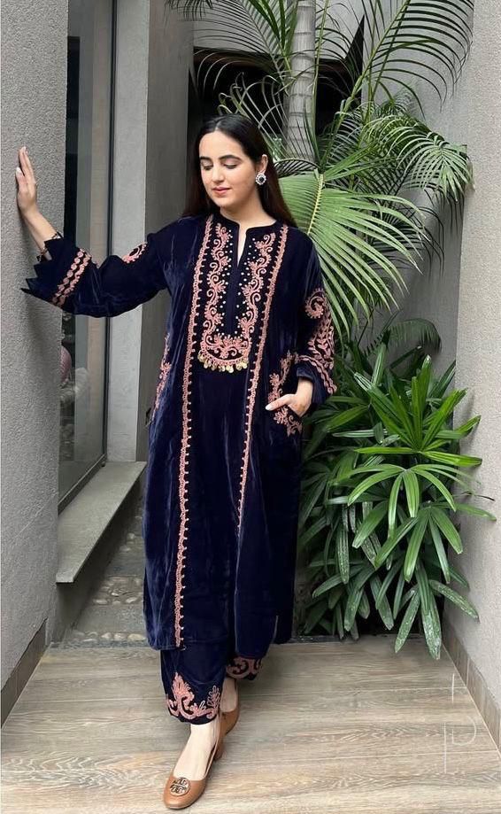 Charming Blue Color Embroidery Velvet Plazzo Suit