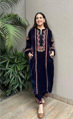 Charming Blue Color Embroidery Velvet Plazzo Suit