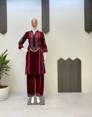 Charming Red Color Embroidery Velvet Plazzo Suit