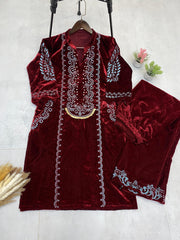 Charming Red Color Embroidery Velvet Plazzo Suit