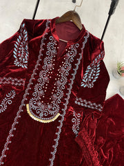 Charming Red Color Embroidery Velvet Plazzo Suit