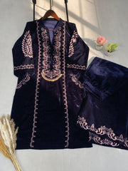 Charming Blue Color Embroidery Velvet Plazzo Suit