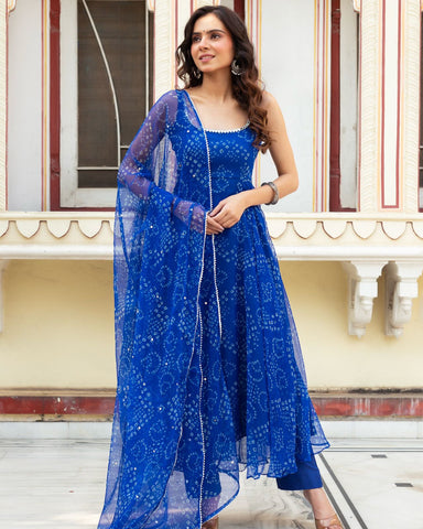 Party Wear Blue Color Digital Printed Organza Anarkali Gown