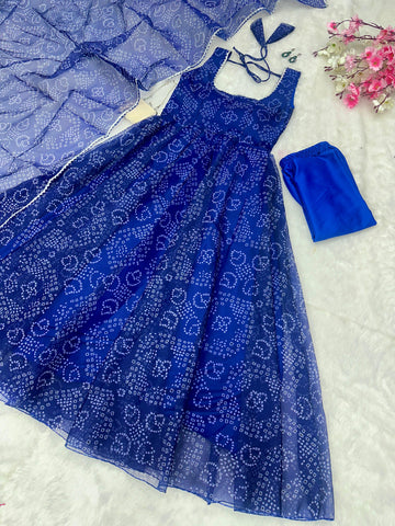 Party Wear Blue Color Digital Printed Organza Anarkali Gown