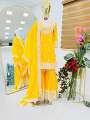 Fantastic Georgette Sequence Work Yellow Color Sharara Suit