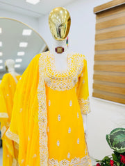 Fantastic Georgette Sequence Work Yellow Color Sharara Suit