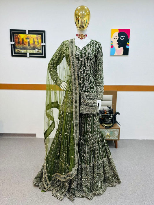 Awesome Georgette Sequence Work Green  Color Sharara Suit