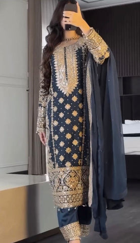 Captivating Navy Blue Color Georgette Revet Moti Salwar Suit