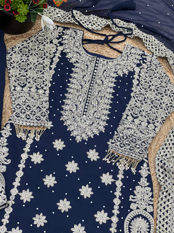 Captivating Navy Blue Color Georgette Revet Moti Salwar Suit