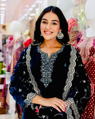 Embellished Blue Color Velvet Embroidery Work Salwar Suit
