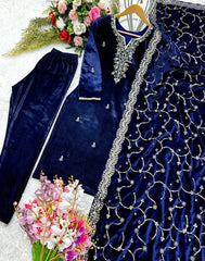 Embellished Blue Color Velvet Embroidery Work Salwar Suit