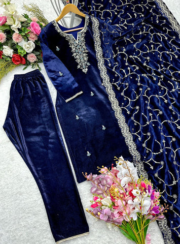 Embellished Blue Color Velvet Embroidery Work Salwar Suit