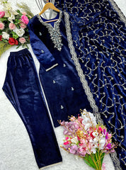 Embellished Blue Color Velvet Embroidery Work Salwar Suit