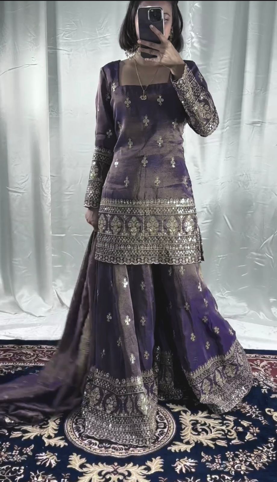 Exotic Chinon Silk Lavender Color Sequence Work Sharara Suit