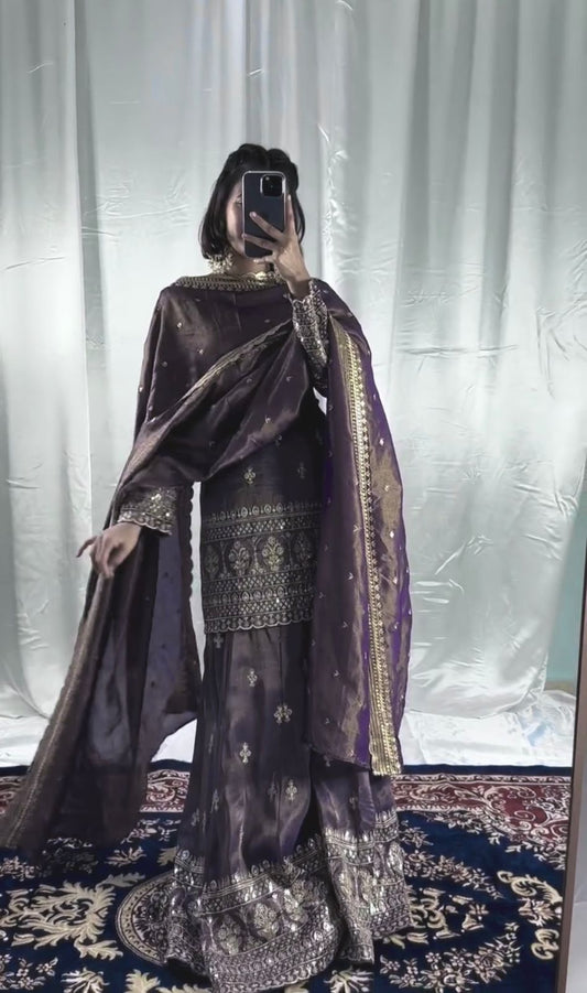 Exotic Chinon Silk Lavender Color Sequence Work Sharara Suit