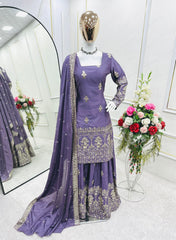 Exotic Chinon Silk Lavender Color Sequence Work Sharara Suit