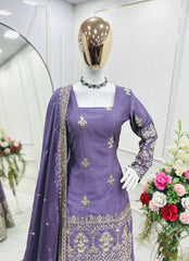 Exotic Chinon Silk Lavender Color Sequence Work Sharara Suit