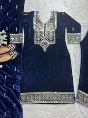 Fabulous Sequence Work Navy Blue Color Velvet Salwar Suit