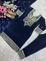 Fabulous Sequence Work Navy Blue Color Velvet Salwar Suit