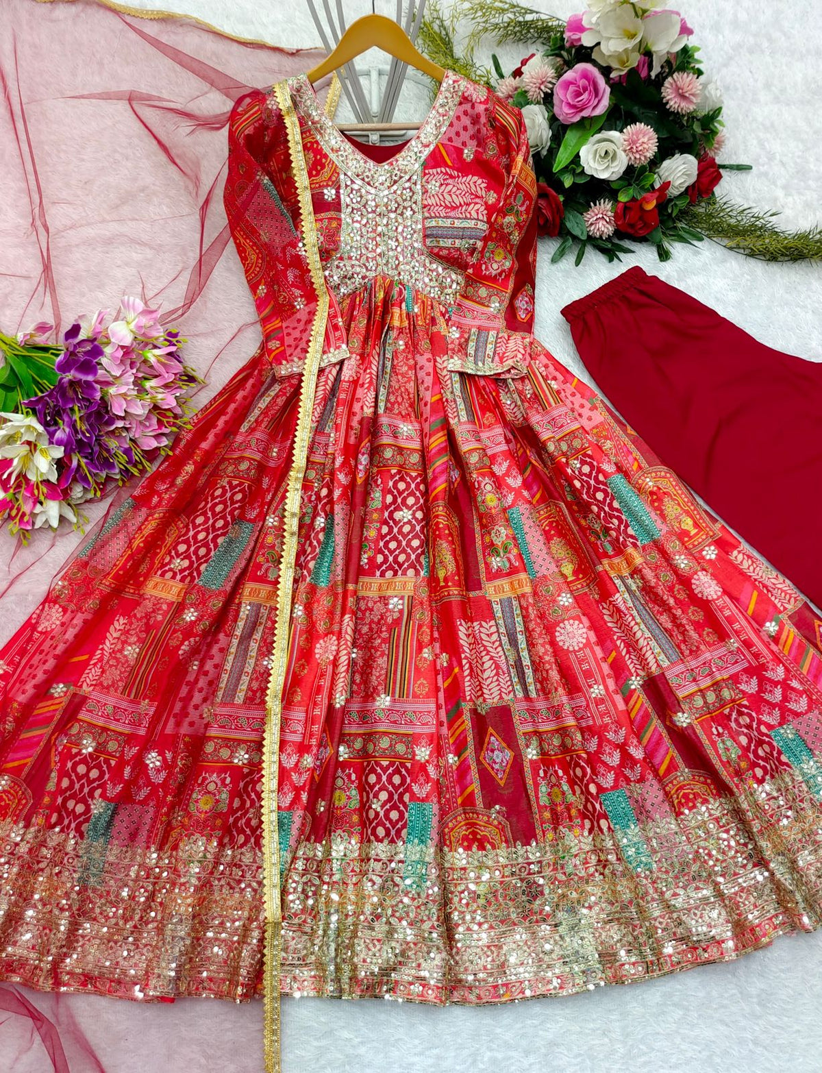 Precious Silk 5mm Sequence Work Red Color Gown