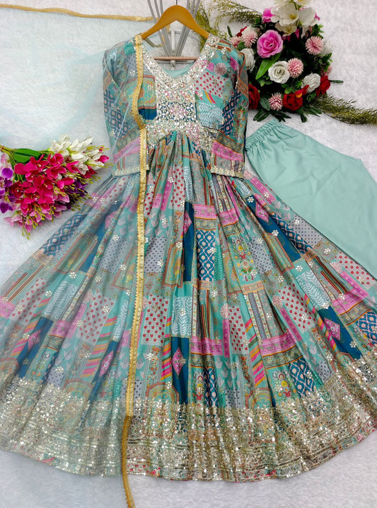 Precious Silk 5mm Sequence Work Sky Blue Color Gown