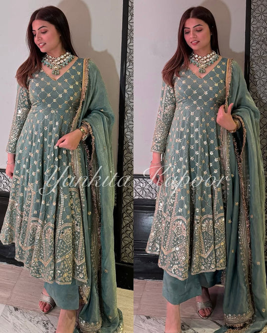 Classic Georgette Sky Blue Color Embroidery Work Salwar Suit