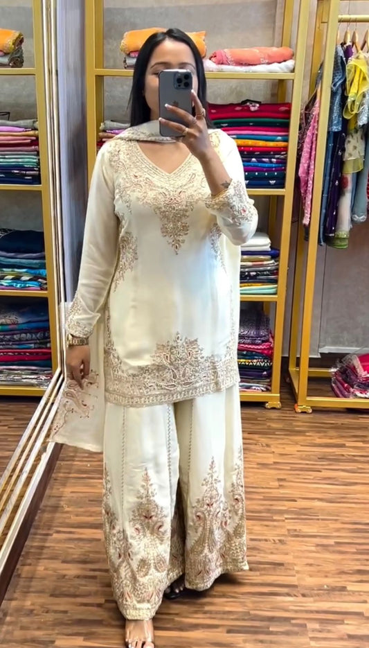 Weeding Wear Embroidered Work White Color Sharara Suit