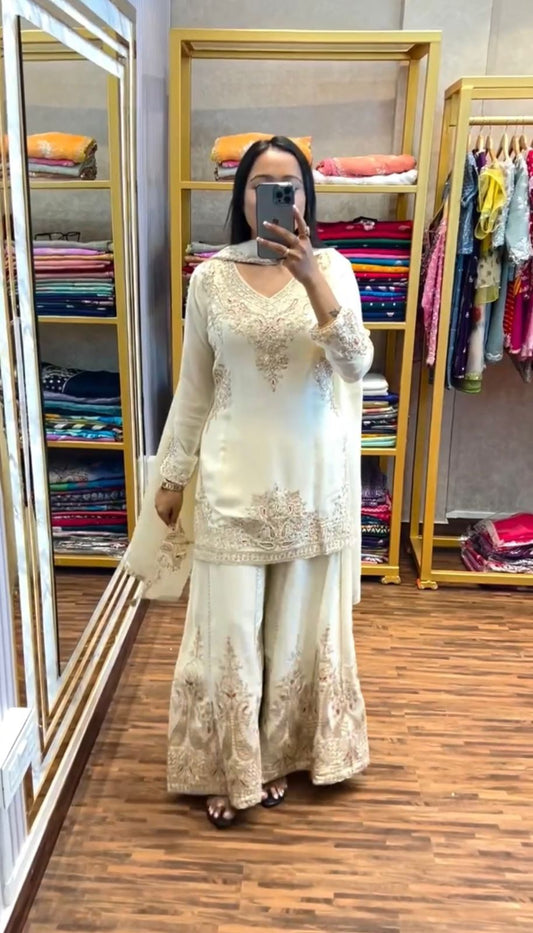 Weeding Wear Embroidered Work White Color Sharara Suit