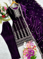 Awesome Wine Color Velvet 5mm Sequence Work Salwar Suit