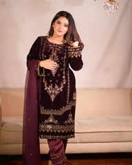 Lovely Wine Color Velvet Sequences Work Pant Suit With Dupatta