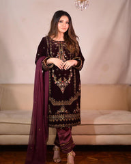 Lovely Wine Color Velvet Sequences Work Pant Suit With Dupatta