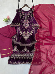 Lovely Wine Color Velvet Sequences Work Pant Suit With Dupatta