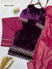 Lovely Wine Color Velvet Sequences Work Pant Suit With Dupatta