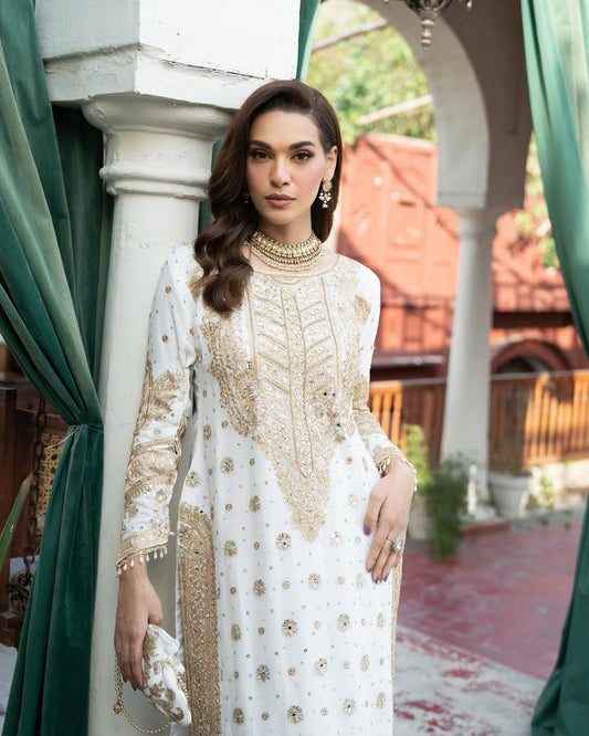 Ravishing Embroidery Sequence Velvet White Color Salwar Suit