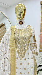 Ravishing Embroidery Sequence Velvet White Color Salwar Suit