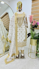Ravishing Embroidery Sequence Velvet White Color Salwar Suit
