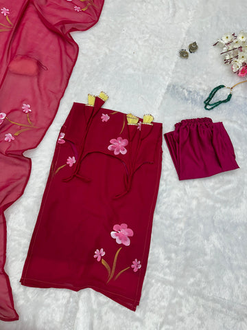 Preferable georgette U Neck Red Color Kurta Set