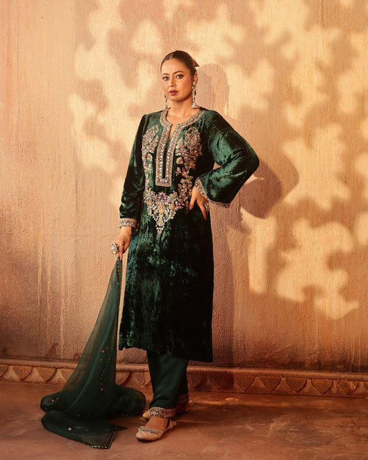 Wonderful Velvet Sequence Work Green Color Salwar Suit