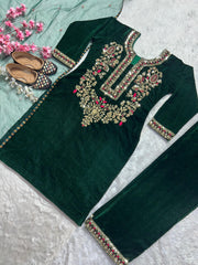 Wonderful Velvet Sequence Work Green Color Salwar Suit