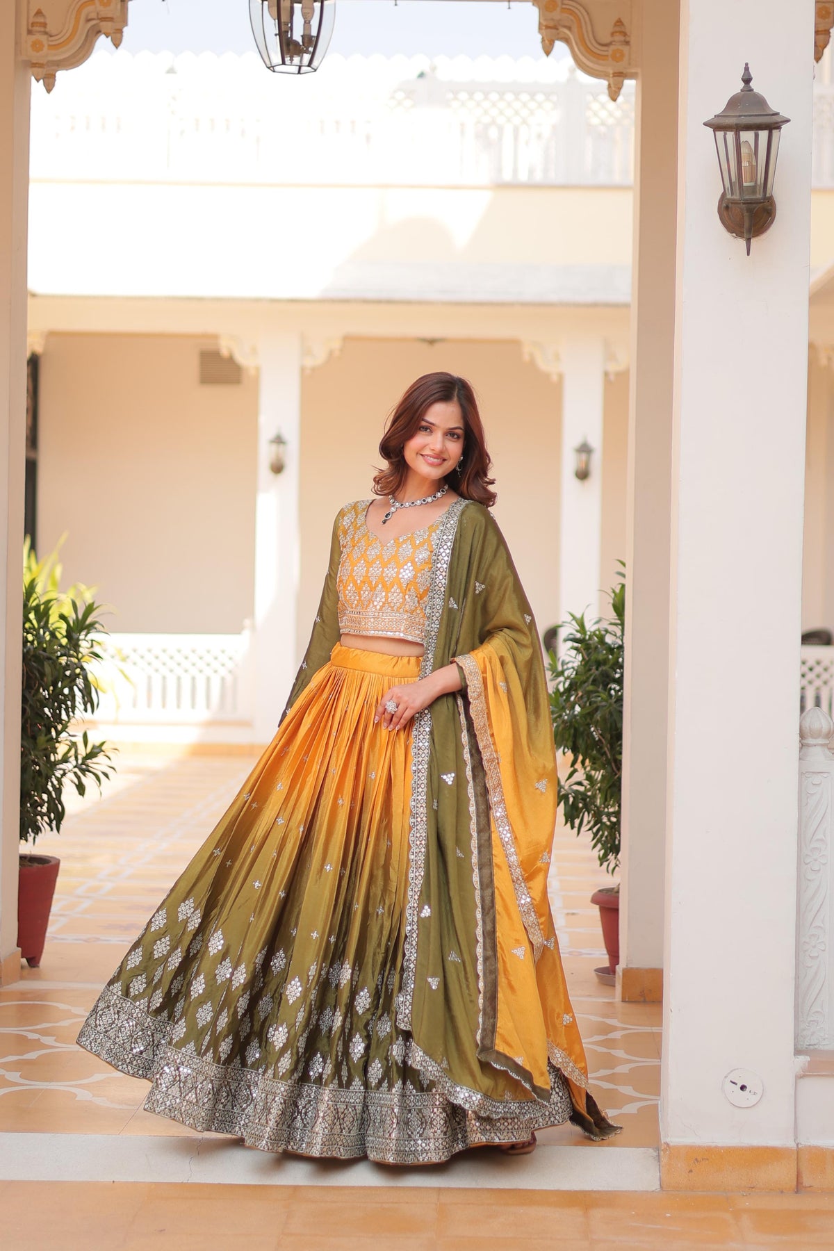 Designer Chinon Silk Yellow Mehndi Color Lehenga Choli