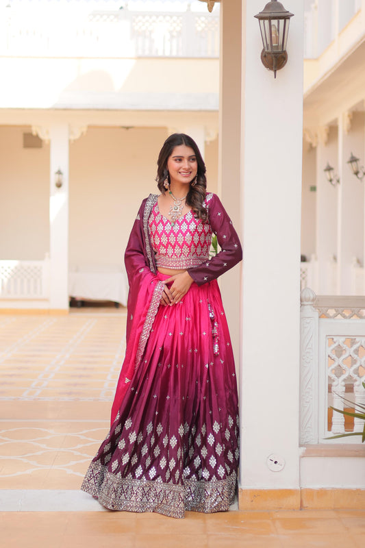 Designer Chinon Silk Pink Purple Color Lehenga Choli
