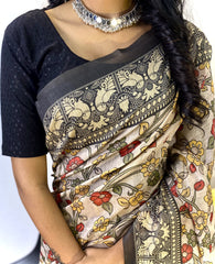 Awesome digital print Cream With Black Color Saree