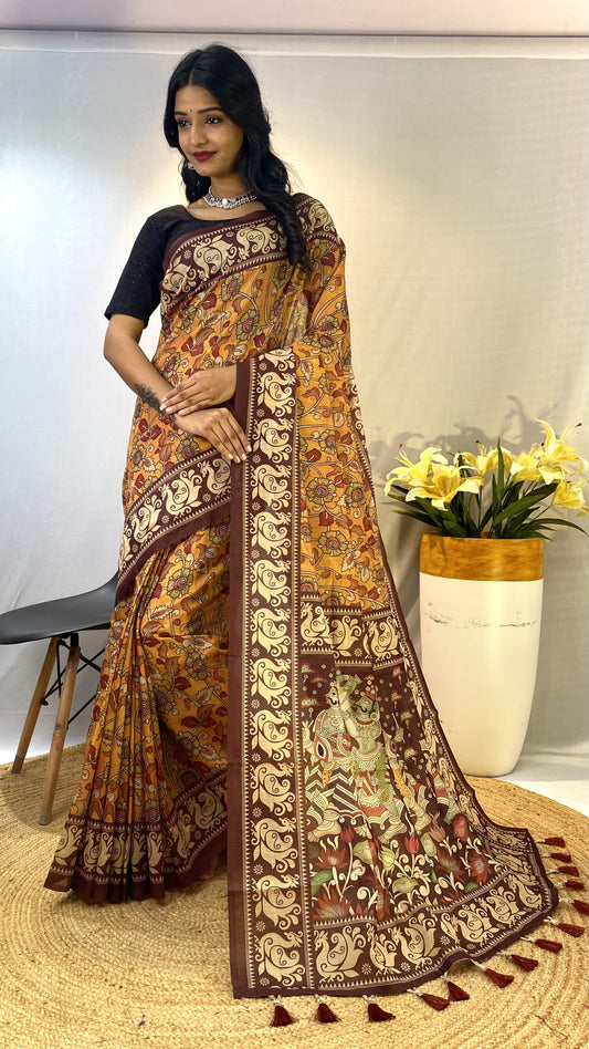 Awesome digital print Yellow Color Saree