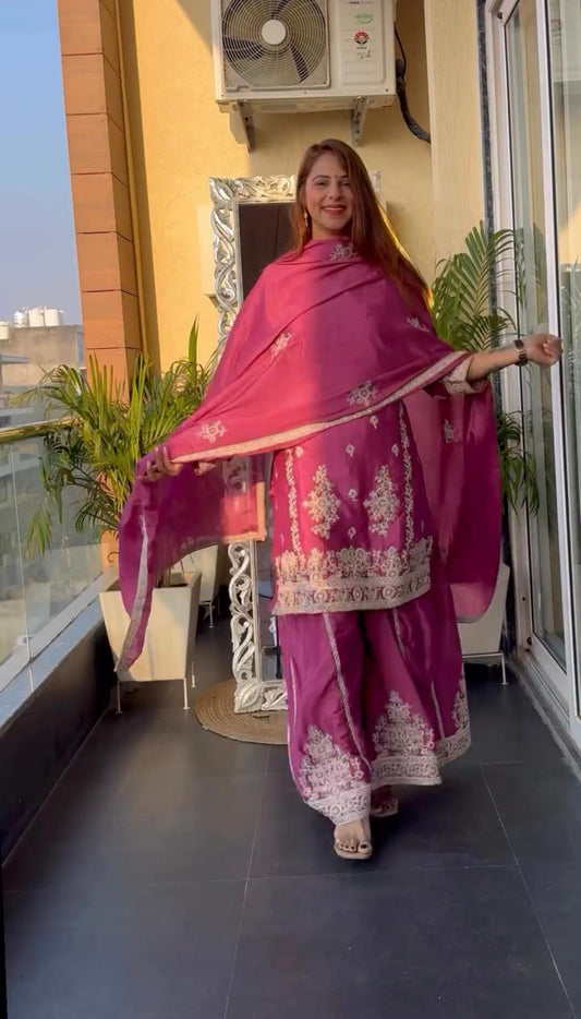 Occasion Wear Embroidery Sequence Work Pink Color Top With Plazzo Suit