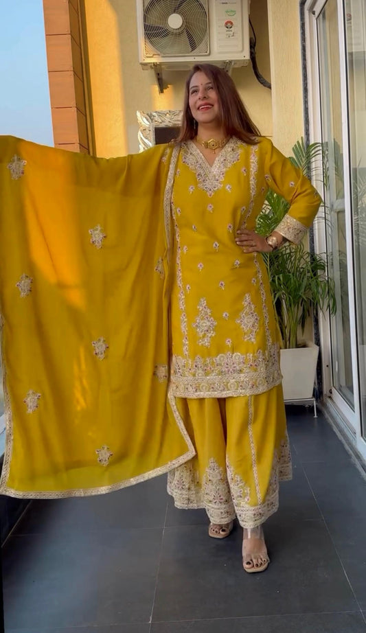 Occasion Wear Embroidery Sequence Work Yellow Color Top With Plazzo Suit