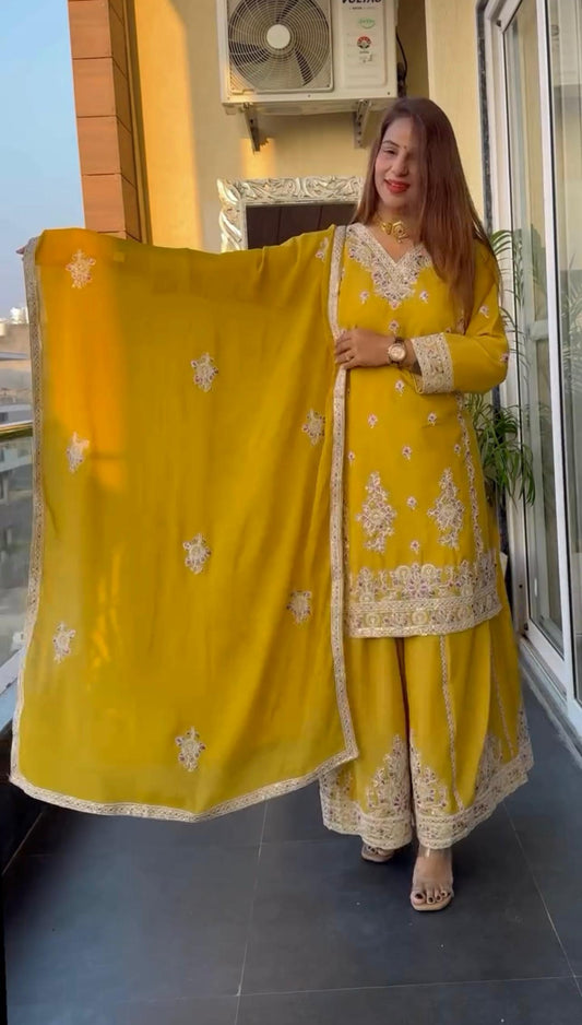 Occasion Wear Embroidery Sequence Work Yellow Color Top With Plazzo Suit