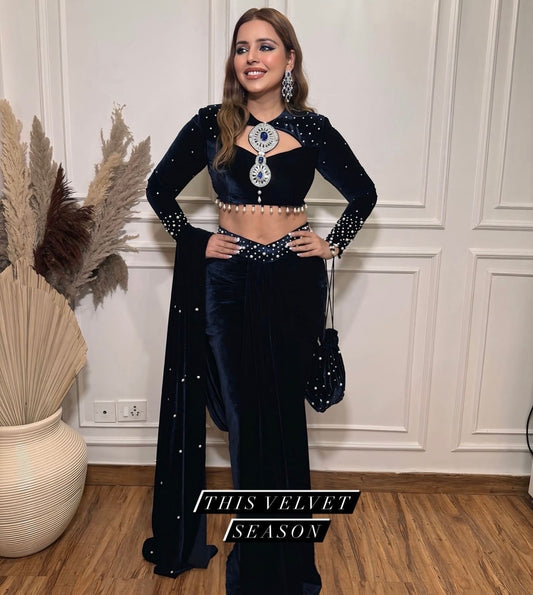 Superhit Blue Color Moti Work Lehenga Saree