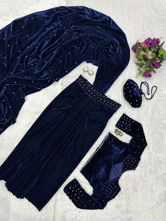 Superhit Blue Color Moti Work Lehenga Saree