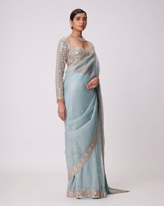 Delightful Original Mirror Sequence Work Sky Blue Color Saree